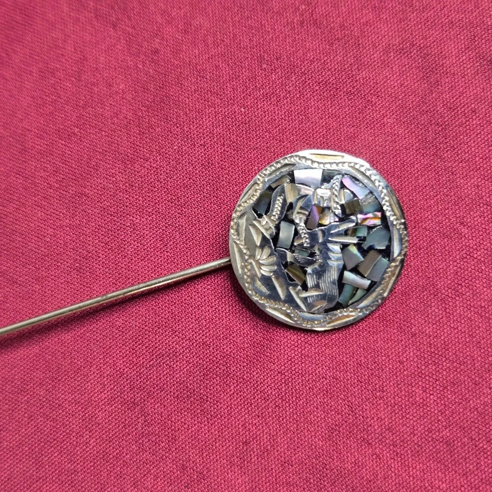 Vintage Abalone Inlay Stick Pin Sterling Silver 925 Long Brooch Clasp GC01 3G